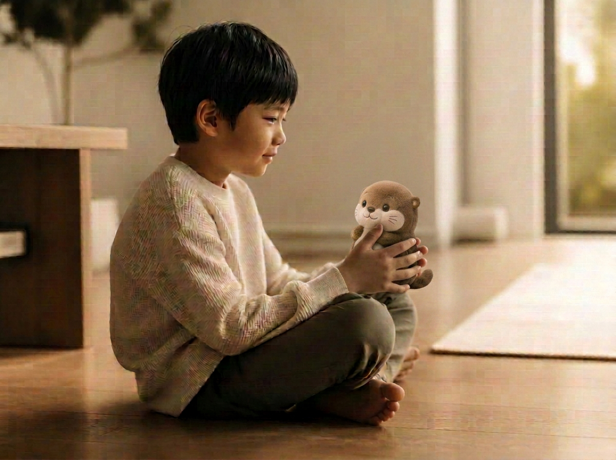 A child sitting on the floor talking with a Sagelight companion